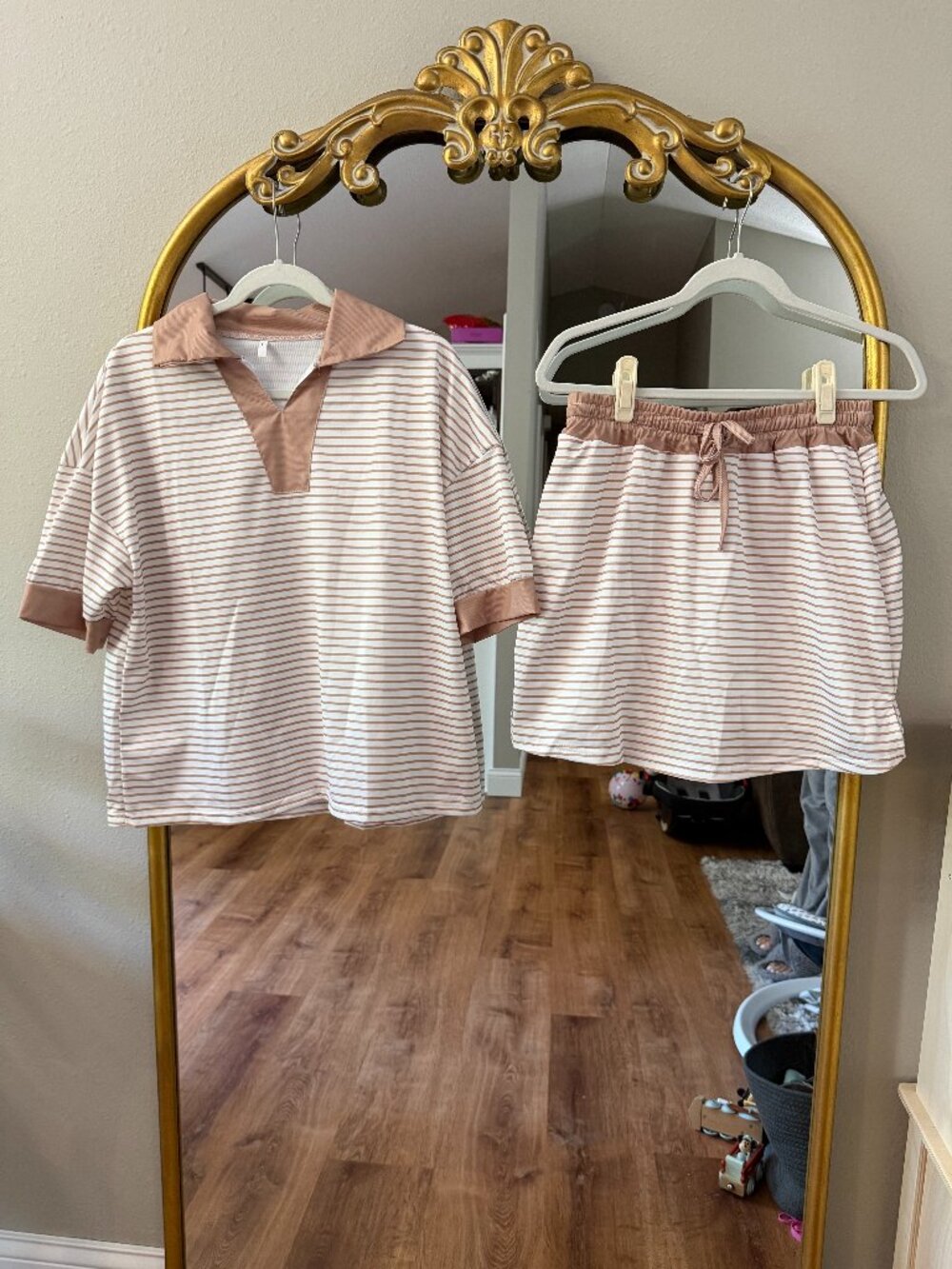 Skort Lounge Set for Women 2 Piece Striped Collared T Shirt in Khaki | L